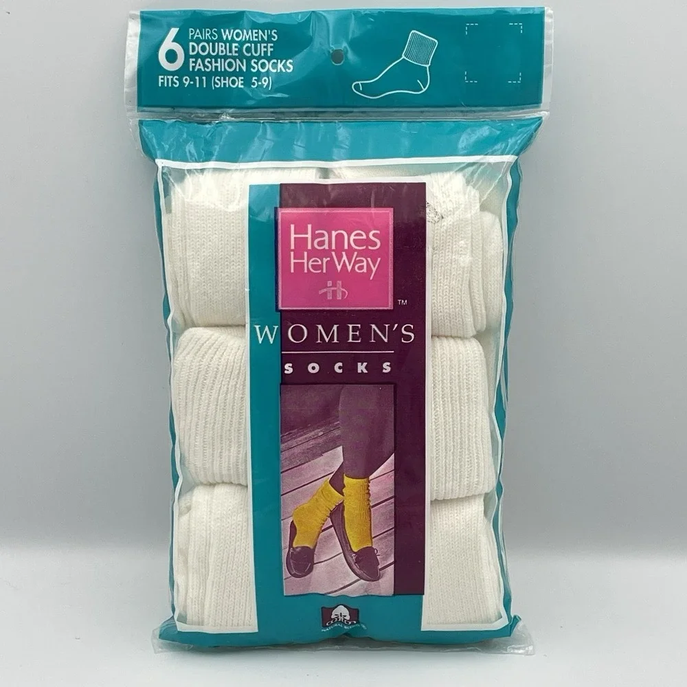 Vintage 1992 Hanes Her Way Double Cuff Socks Fashion 6 Pair White New Fits 5-9